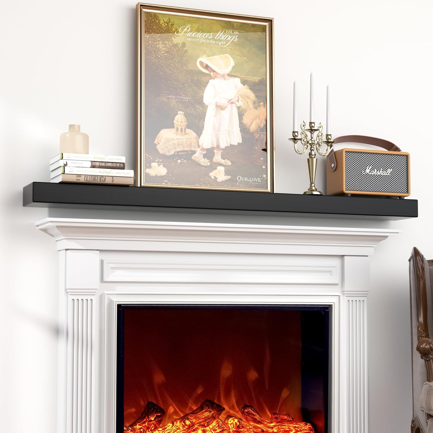 Fireplace Mantel Shelf 36 Inch, Handcrafted Floating Mantel Shelf for Over Fireplace, Black Wall Mounted Shelf with Invisible Wooden Bracket, Wooden Shelving for Wall Decor Living Room Bedroom Black 36 Inch