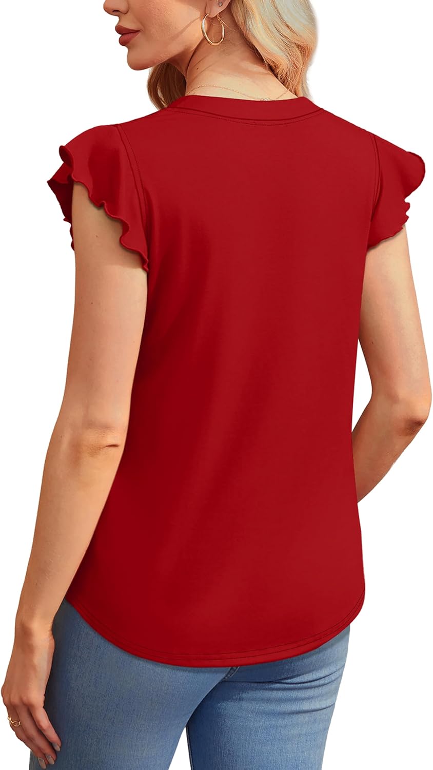 OFEEFAN Summer Tops for Women Button Down Blouses for Women Dressy Casual V Neck T Shirts Ruffle Sleeve - Image 4