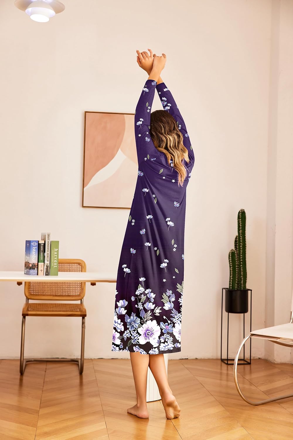 Ekouaer Nightgown Long Sleeve for Women Sleepwear V Neck Loungewear Button Full Length Nightshirt - Image 3