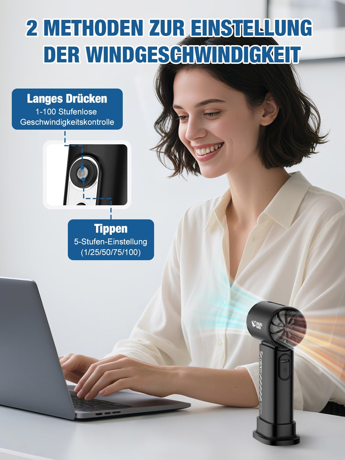 Smiling Shark TF-02 Tragbarer Turbo Handventilator, 1-100 Stufen Einstellbare Tragbarer Mini Handventilator [12Hrs Max] mit LED Anzeige/Lanyard/Basis, 2-in-1 Hand/Tischventilator für Outdoor Indoor