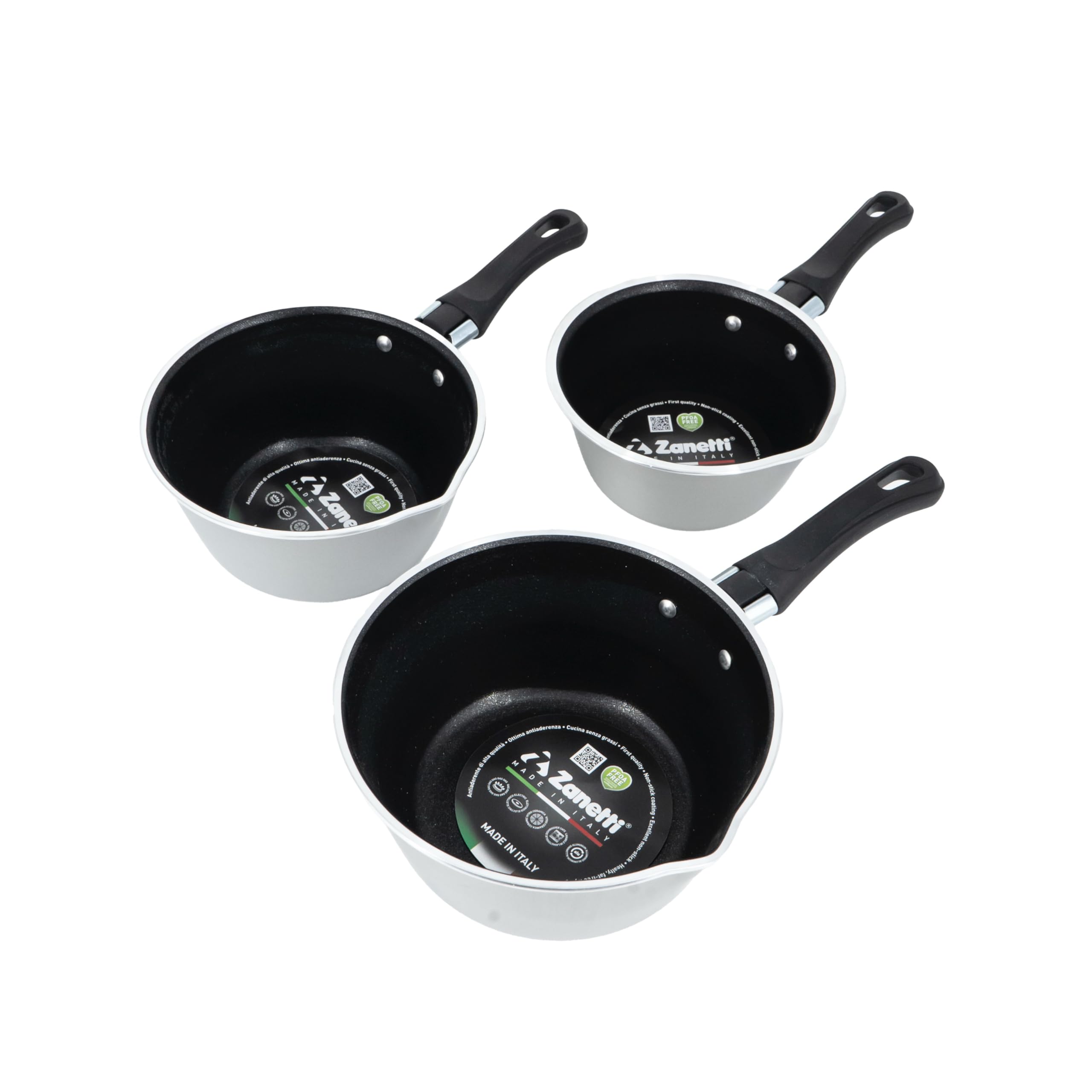 zanetti, Tris di Casseruole Antiaderenti Coniche, Diametri 12 cm, 14 cm, 16 cm, Casseruole con Beccuccio in Alluminio Alimentare, Made in Italy