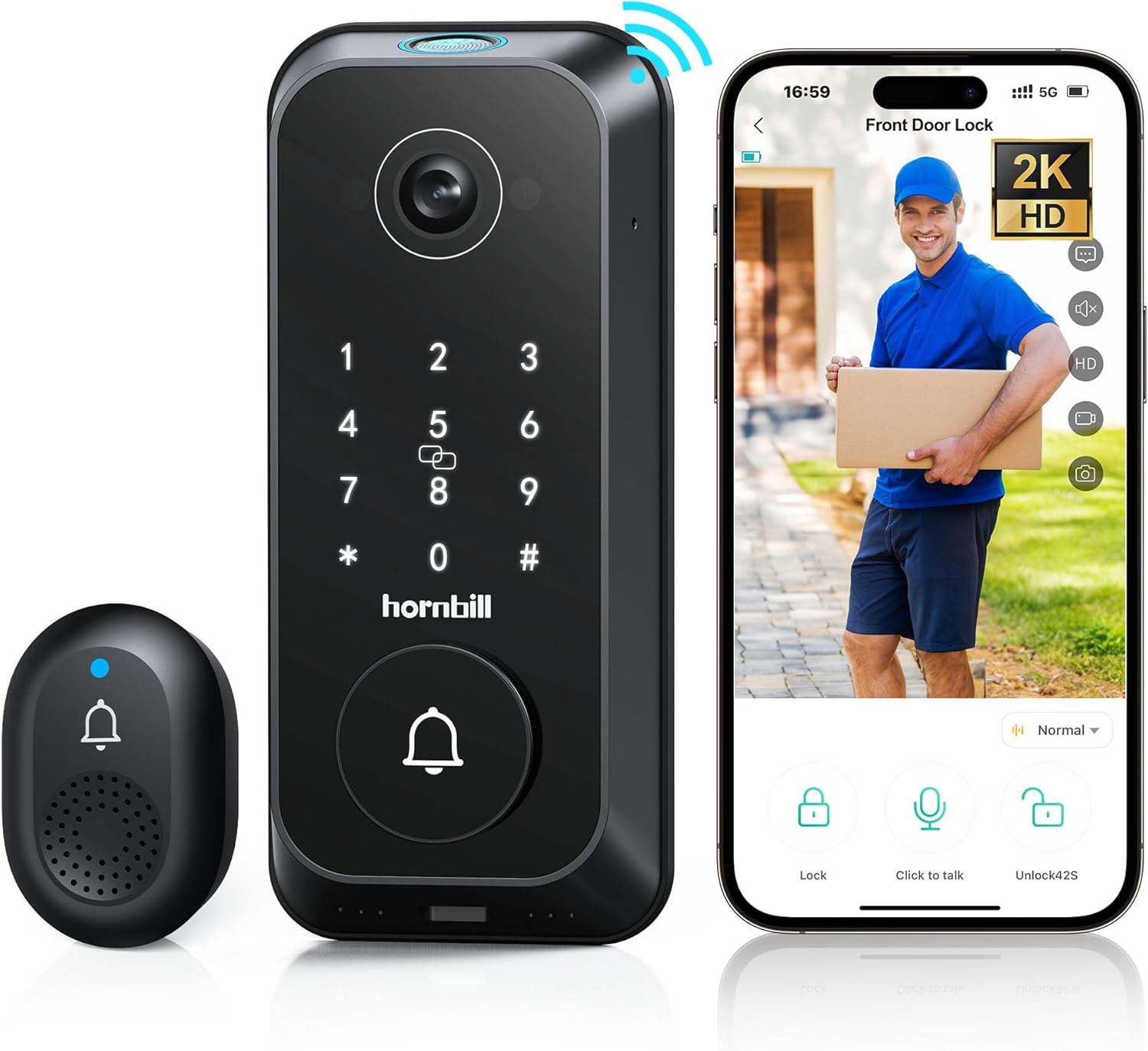 hornbill Camera+Ring Doorbell Video Smart Door Lock: Fingerprint Keyless Entry Keypad Door Lock, Built-in WiFi Deadbolt for Front Door, 2K HD/Two-Way Audio/App Remote Control/PIR Motion Detect, Black