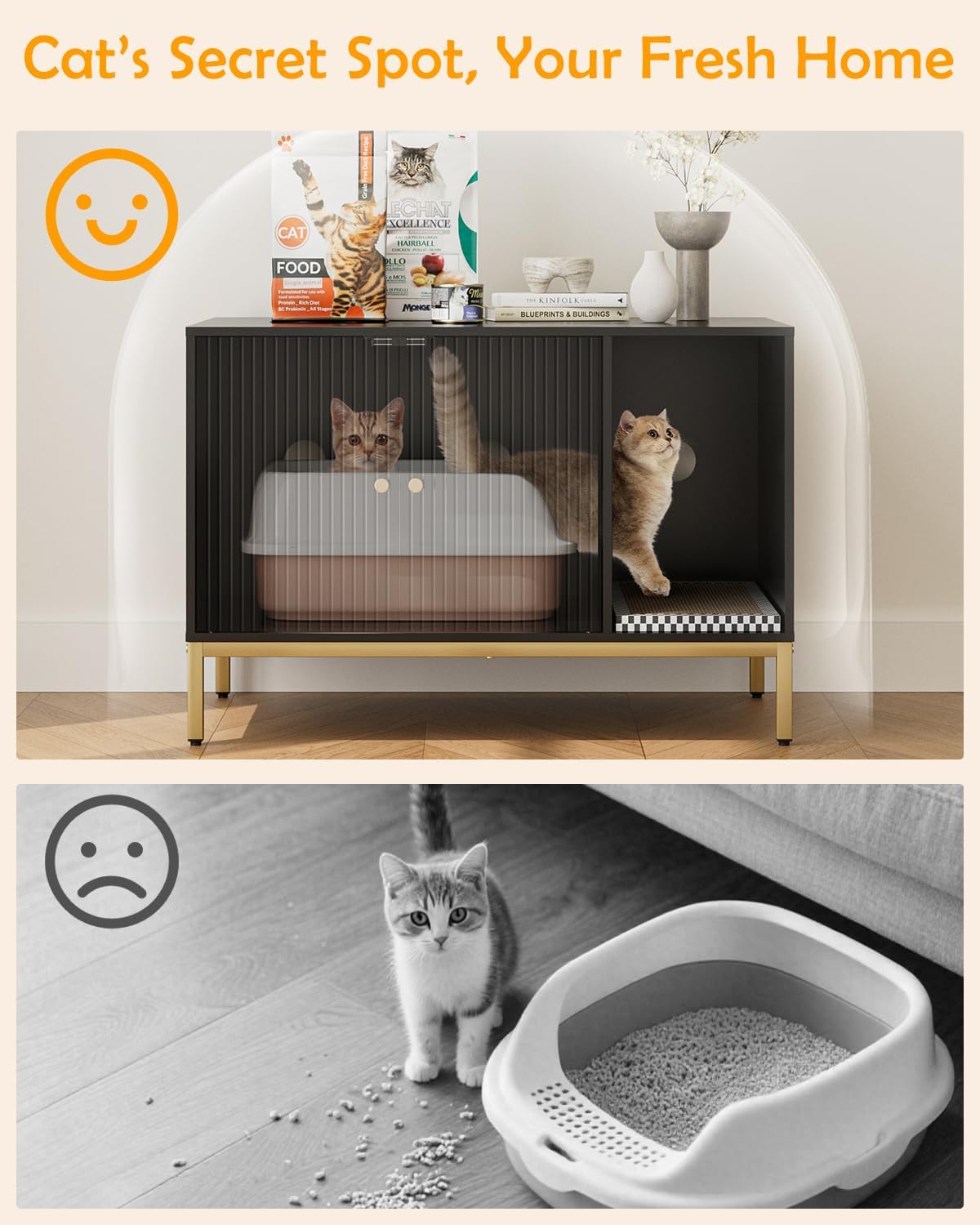 Cat Litter Box Enclosure, Modern Hidden Litter Box Furniture with Scratching Pad, Wooden Cat House Cabinet with Gold Metal Legs, Fit Most of Litter Box,Black and Gold