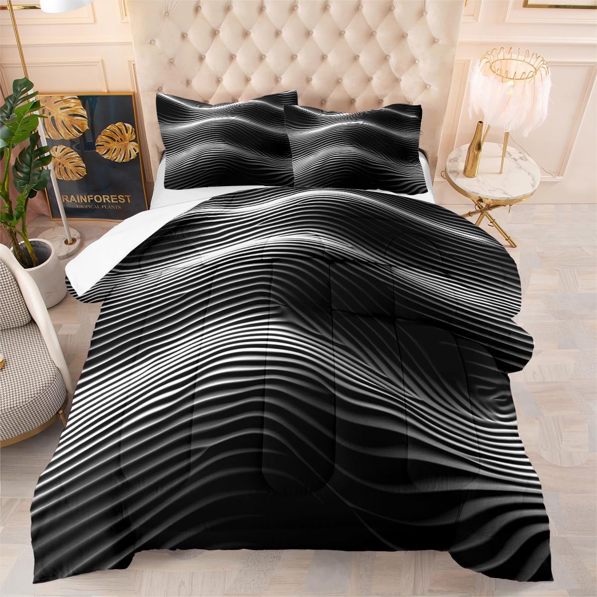 3D Geometric Stripe Comforter Bedding Set King Size Wave Lines Bed Sets Abstract Pattern Comforter Insert Modern Aesthetic Bedding 3Pcs Soft Lightweight Comforter(Girls Women Adult)