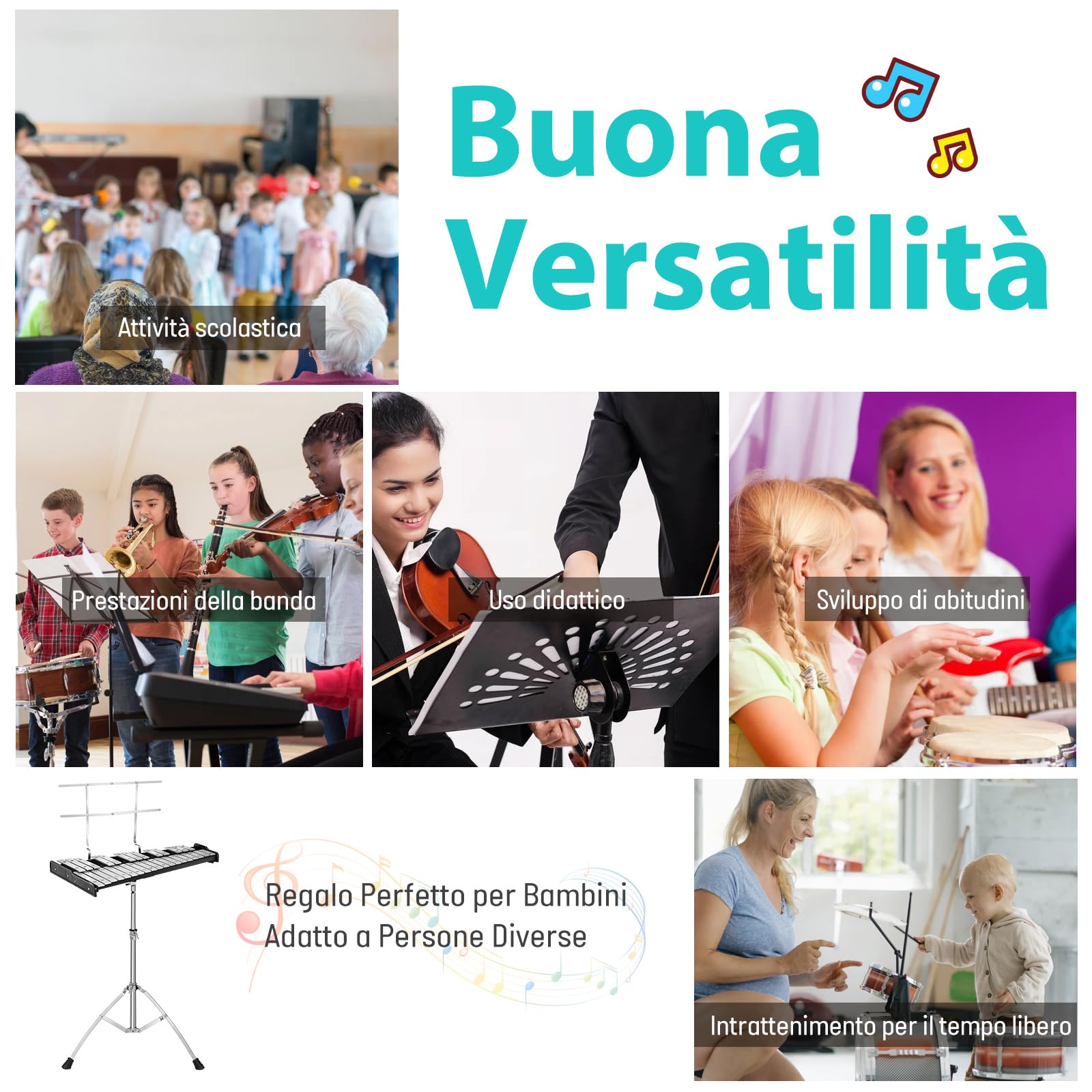 COSTWAY Set di Xilofono a 32 Note, Glockenspiel con Supporto in Metallo, Altezza Regolabile, Metallofono con Leggio per Spartiti, Mazzette, per Bambini e Adulti
