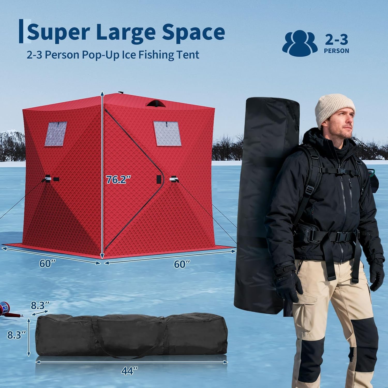garvee pop up ice fishing shelter and insulated ice fishing tent with 49ft led light strip, windproof portable hub design, fits 1-8 people, 25-69 sq ft fishable area, blue+black red 60x60x76.2in?2-3 persons?