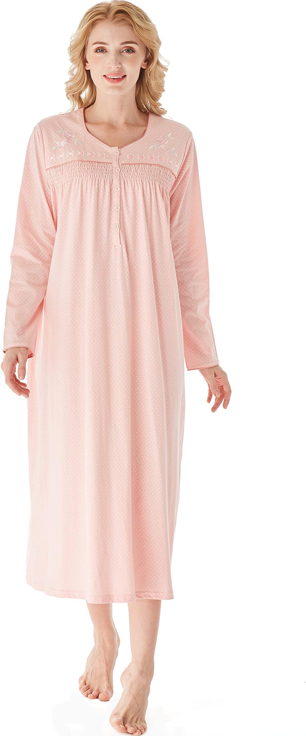 Keyocean Elegant Nightgowns for Women, Soft 100% Cotton Comfy Lightweight Long-sleeve Sleepwear Gown for Mom or Granny