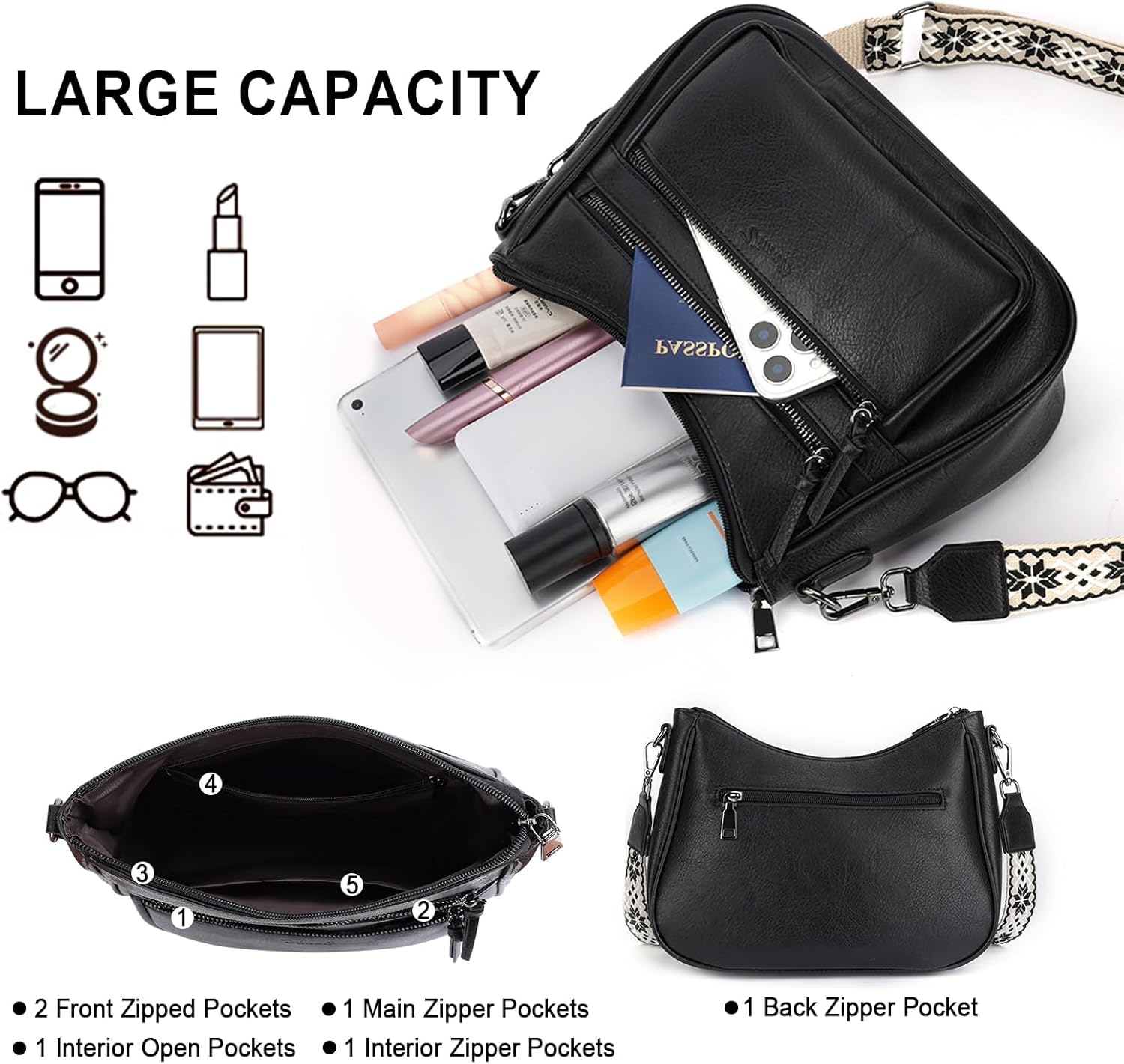 Crossbody Purses for Women Trendy Leather Crossbody Bag,Multi Pocket Shoulder Handbag Lightweight Travel Purse - Image 3