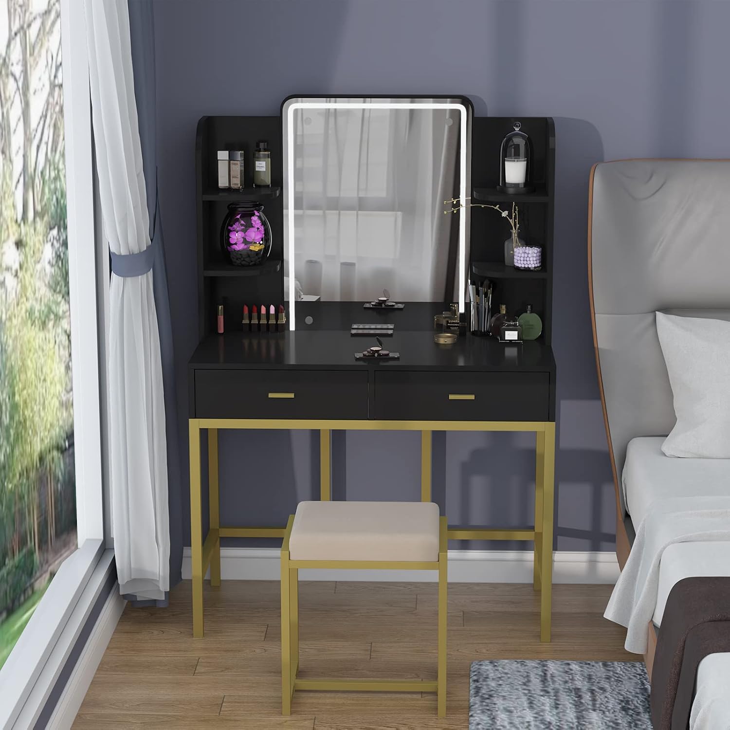 CABINAHOME Vanity Set with Lighted Mirror, Makeup Vanity Dressing Table with LED Lights, Storage Shelves, Cushioned Stool & 2 Drawers, Dresser Desk for Bedroom, Black : Everything Else