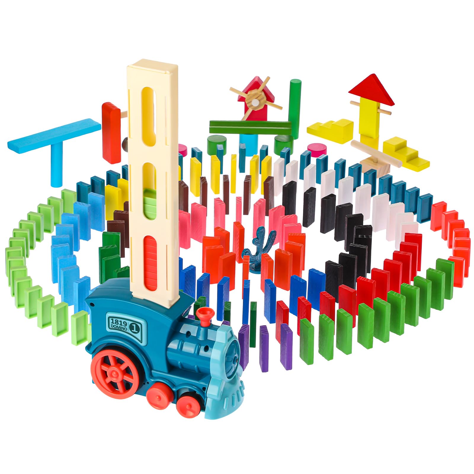 Poen 193 Pcs Wooden Dominoes Set Include 1 Train Toy, 180 Colorful Wooden Domino Blocks, 12 Domino Mechanisms, Automatic Dominoes Tile Games Chain Reaction Kits for Christmas Birthday Gifts