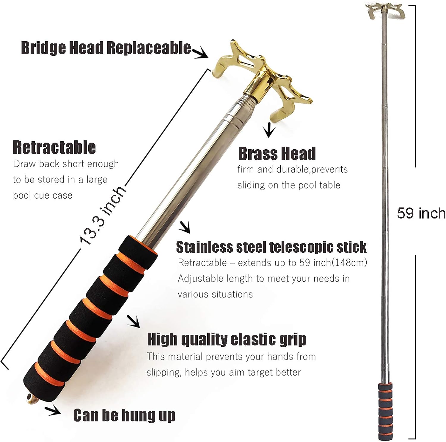 Tai ba cues Retractable Billiards Pool Cue Stick Bridge with Brass Bridge Head, Replaceable Bridge Head, Billiards Pool Cue Accessory