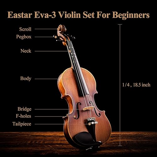 Miniatura 4 de Eastar - Set de violín EVA-3 14 para principiantes con estuche rígido, resina colofonia, soporte para hombro, arco y cuerdas extra (guía impresa