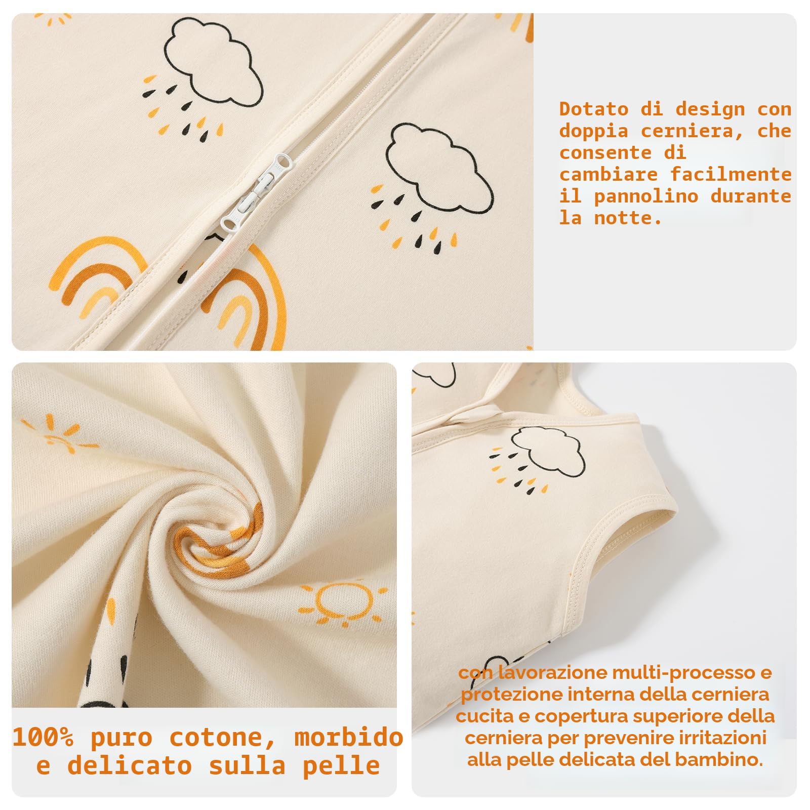 Sacco Nanna Neonato 0-6 Mesi 0.5 TOG 2 Pezzi Cotone Biologico OEKO-TEX Cerniera Doppia