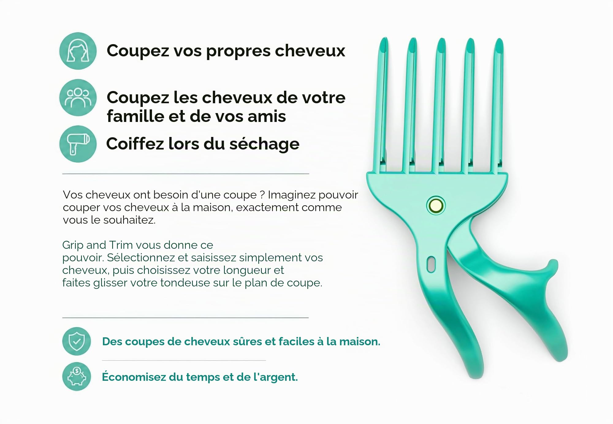 Coupez et coupez vos propres cheveux à la maison avec facilité en utilisant la poignée et coupez. Utilisation avec votre tondeuse à cheveux homme, kit de coupe de cheveux, coupe de cheveux à faire