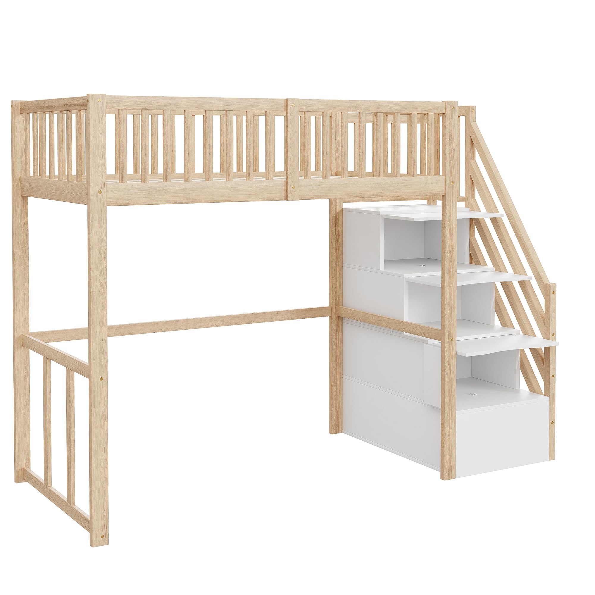 Idemon Cama alta 90 x 200 cm con escalera de almacenamiento de seguridad, estructura de madera de pino macizo para niños y jóvenes (color madera)