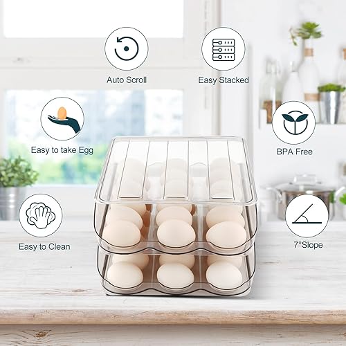 Miniatura 5 de Soporte para huevos para refrigerador, contenedor de almacenamiento de huevos con ruedas automáticas para refrigerador, organizador de huevos