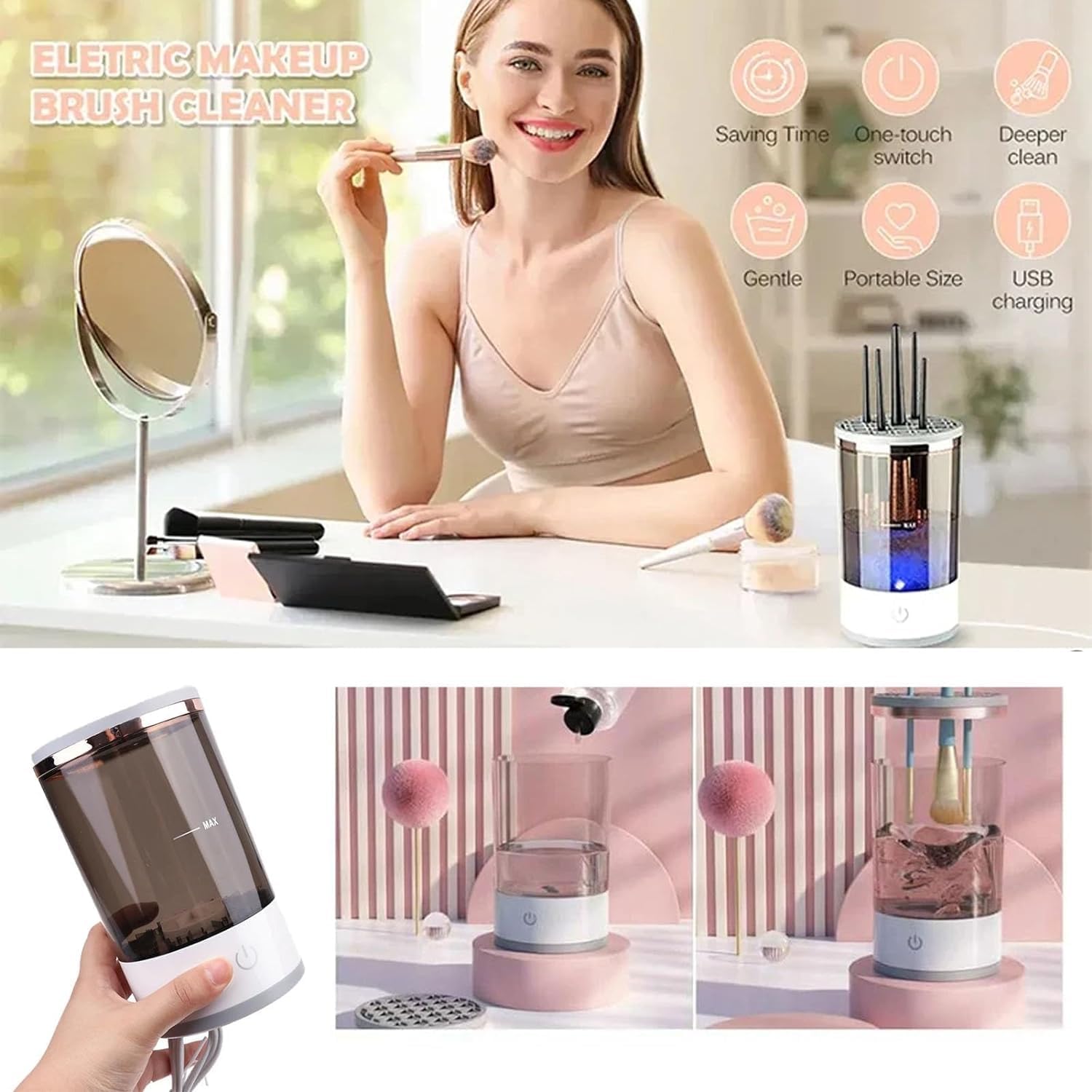 Make-up-Pinselreiniger, elektrischer Make-up-Pinsel-Reiniger, automatischer Pinsel-Profi-Kosmetikpinselreiniger für alle Größen Make-up-Pinsel (weiß)