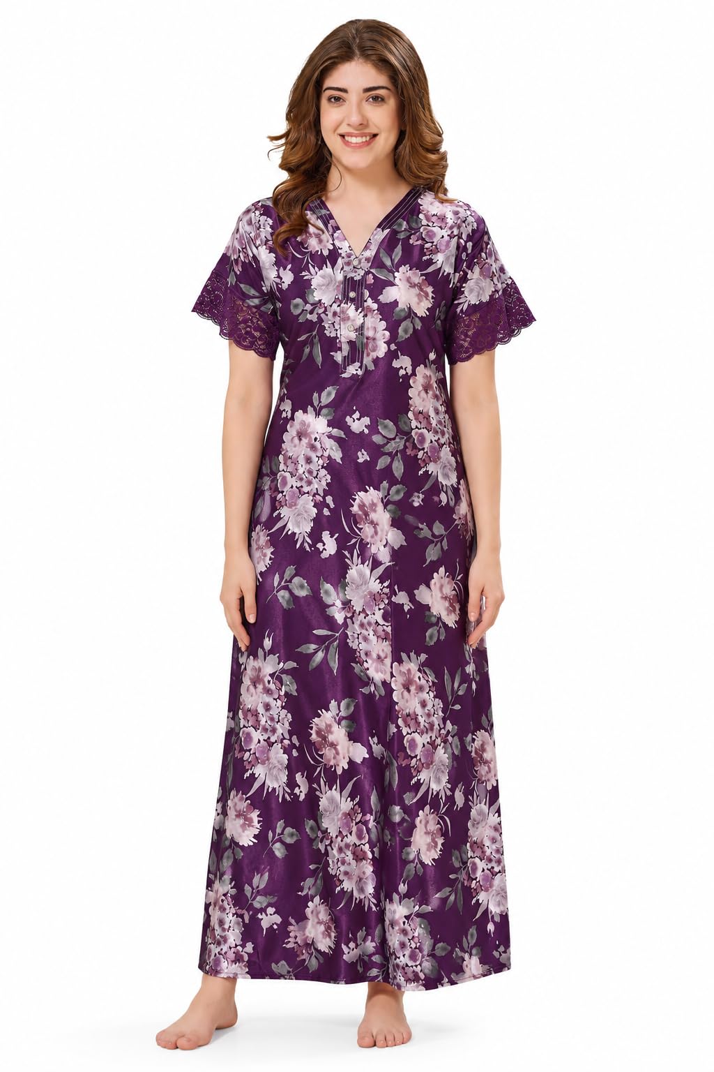Women’s Italian Satin Nighty | Maxi Nightgown | Digital Print Luxury Nightwear | Soft, Smooth & Relaxed Fit Sleepwear Night Dress-picture-15