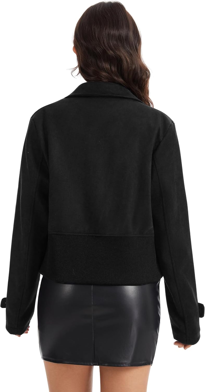 Moreone Women's Faux Suede Cropped Bomber Jacket for Women, Lightweight Button Down Spring Coat with Pockets
