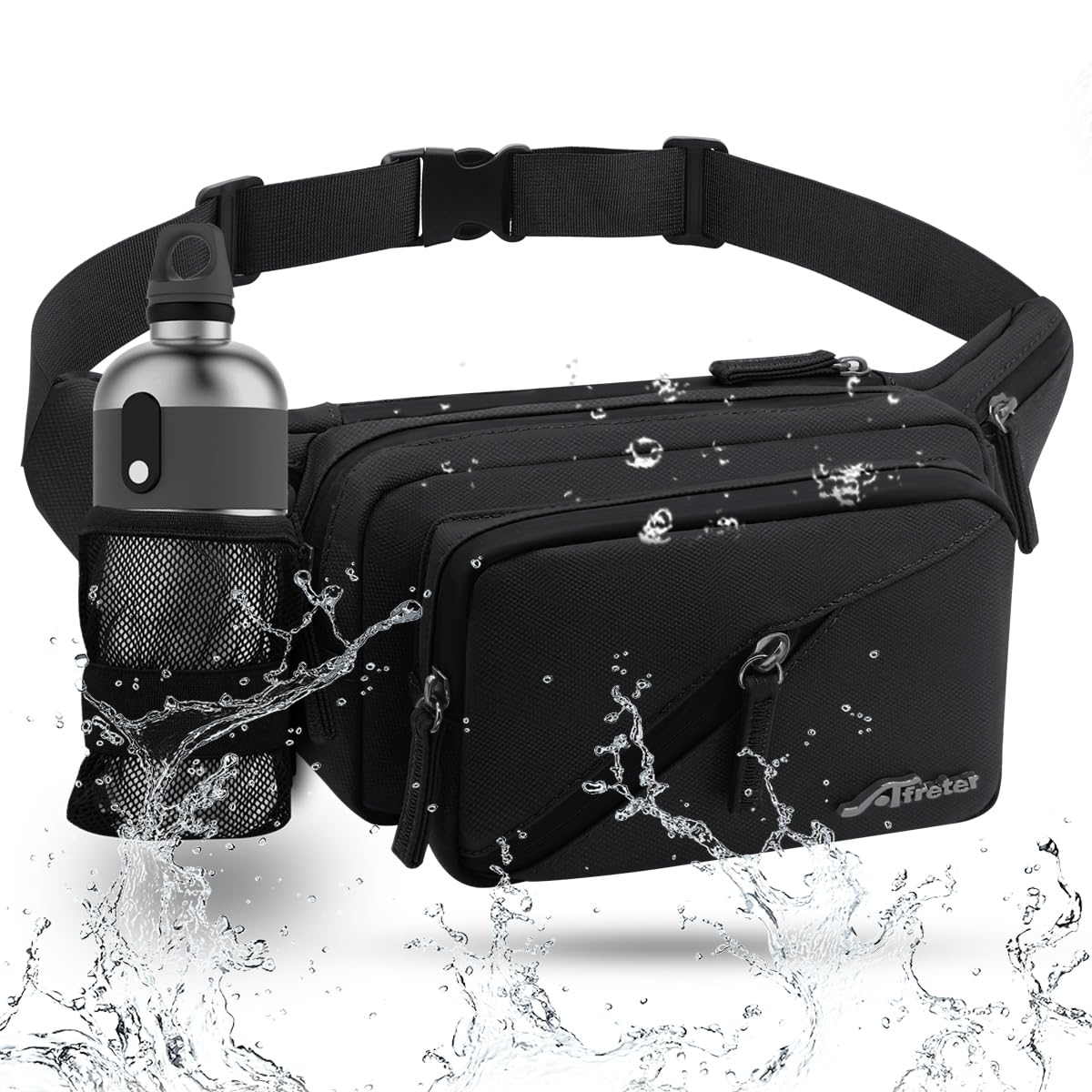 REETEE Bauchtasche Damen und Herren Wasserabweisende Gürteltasche mit Flaschenhalter, Mehrere Fächer Hüfttasche Sport für Reise Wandern Hundetraining Outdoor-Aktivitäten (schwarz)