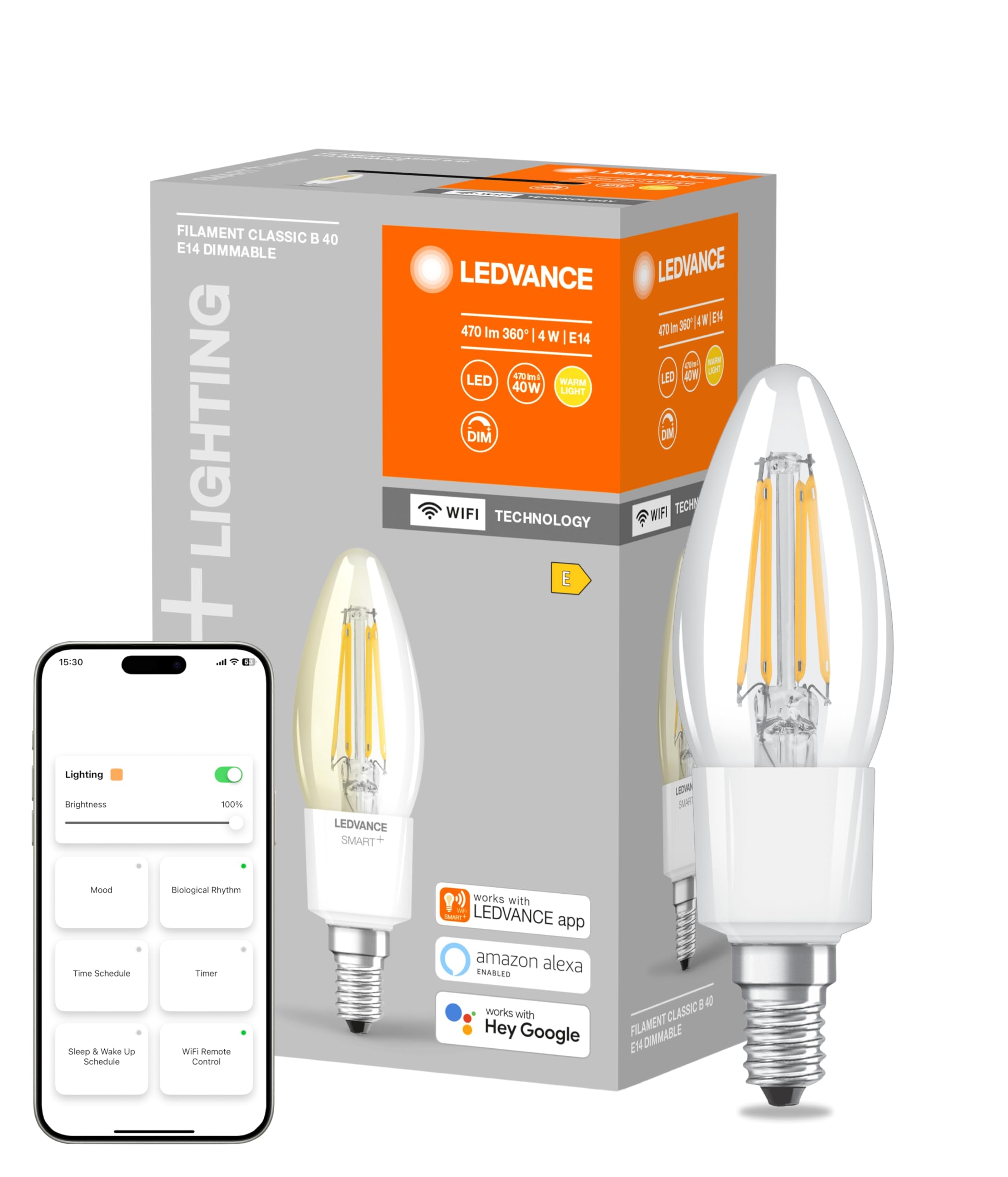 LEDVANCE Smart LED Bulb with WiFi Technology, E14, Dimmable, Warm White (2700K), Candle Shape, Clear Filament, Replacement for Conventional 40W Bulbs, Controllable with Alexa, Google & App, 1-Pack