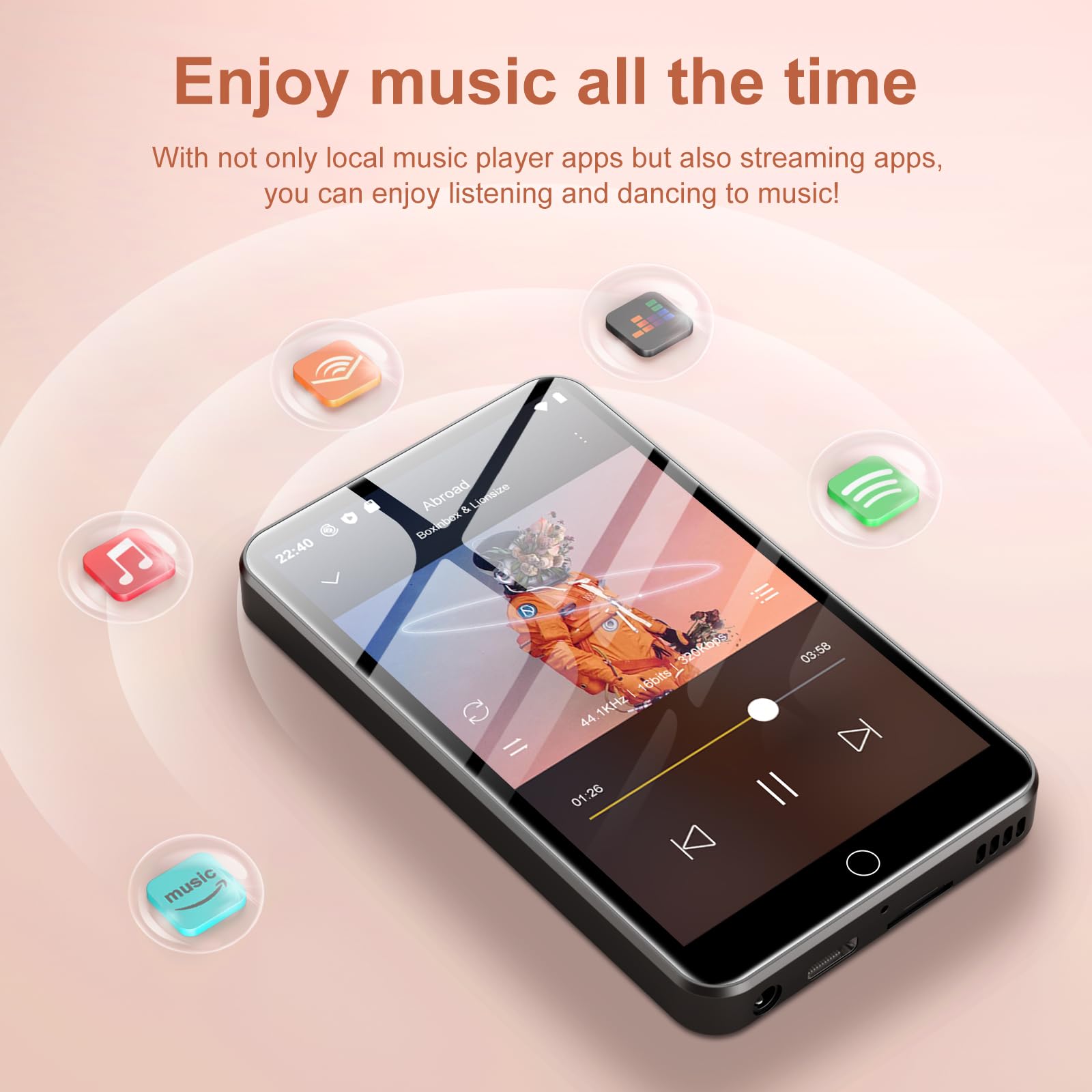 Reproductor MP3 Con Bluetooth Y WiFi, 80 GB, Pantalla Táctil 4 Pulgadas – Compatible Con Spotify Y Deezer