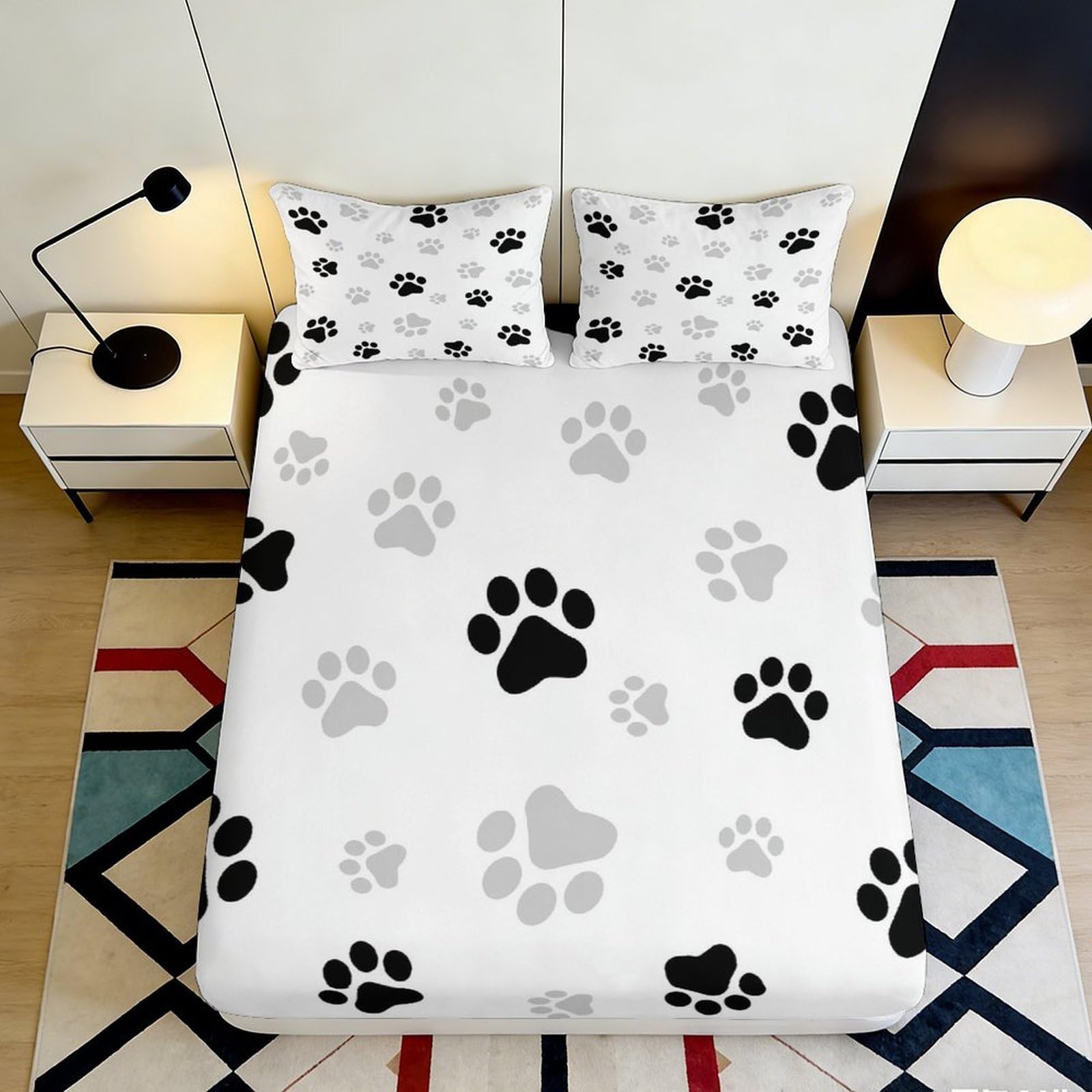 3D Printed Black Paw Fitted Sheet, Microfiber Soft Touch, Bed Cover for Bedroom, Guest Room, Easy Care, Stylish Decor, Apartment Bedding, 120x200x25cm