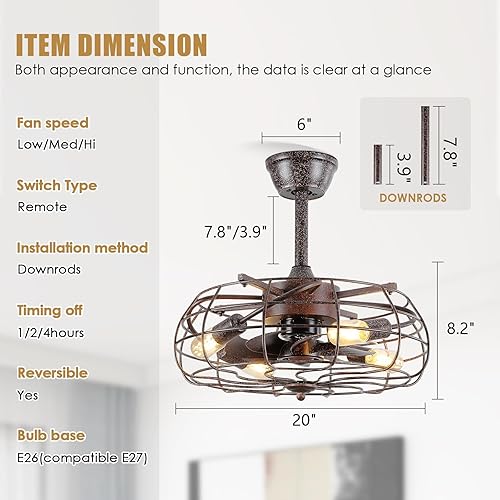 Miniatura 3 de Asyko Ventiladores de techo enjaulados de 20 pulgadas con luces, ventilador de techo sin aspas con control remoto, kit de luces de ventilador de