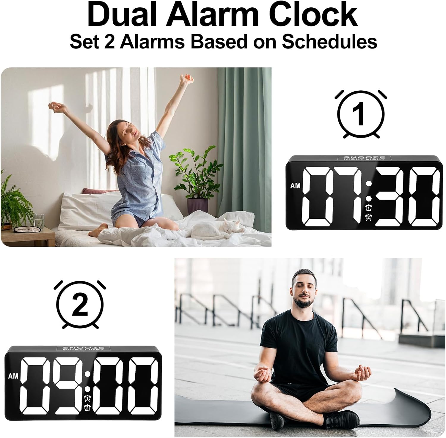 The PPLEE CR1023i alarm clock showing two separate alarm settings, one for 7:30 AM and another for 9:00 AM, illustrating its dual alarm capability.