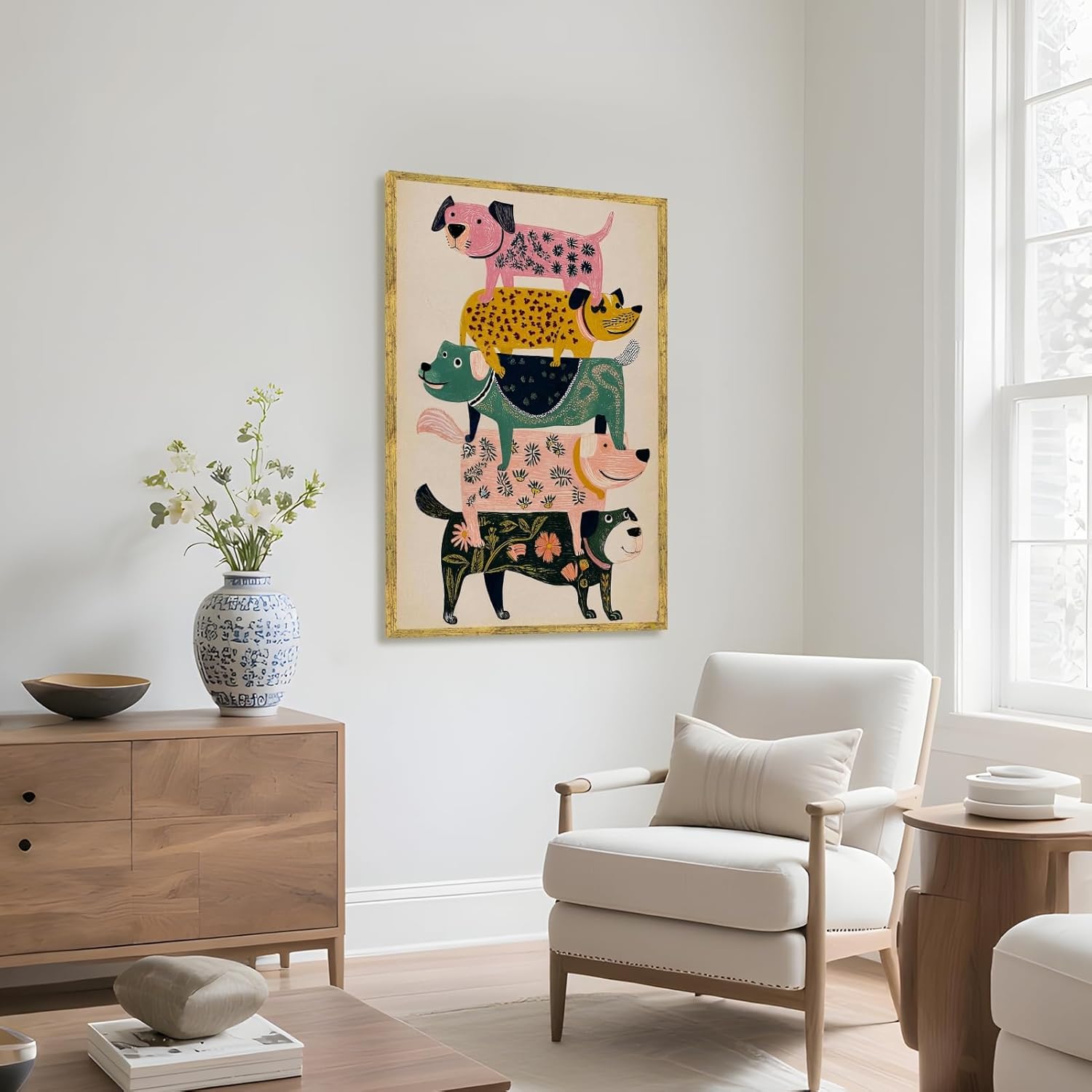 Gold Frame Wall Art Funny Colorful Stacked Dogs Poster Playful Cute Animal Dog Illustration Canvas Print Whimsical Pet Decor Artwork Aesthetic Pictures for Kids Room Bathroom Nursery 12x16inch