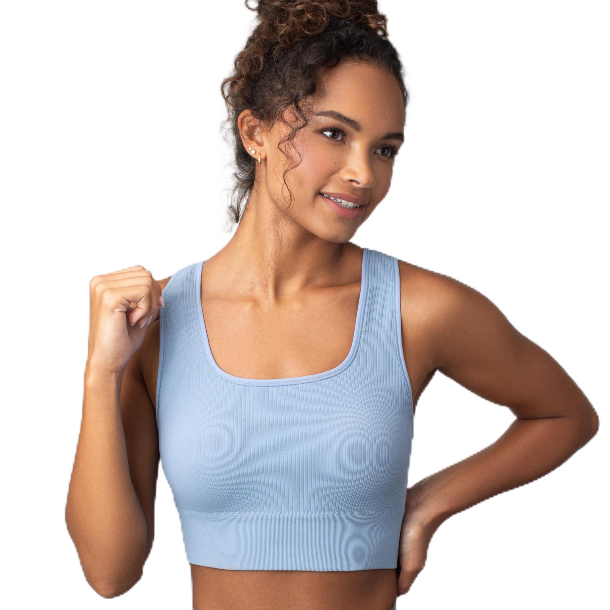Floatley Seamlessly Square Neck Longline Easy Pullover Medium Impact Sports Bra Comfort Wirefree with Embedded Pads for Women