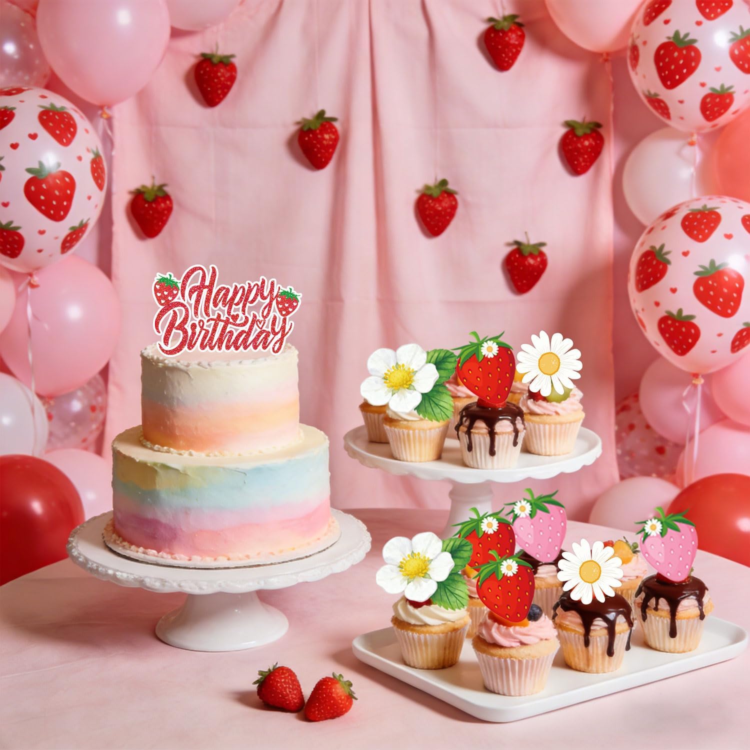 Strawberry Birthday Decorations Includes Plates, Napkins, Cups, Cutlery, Cupcake Toppers, Banner, Tablecloths, Balloons for Berry First Strawberry Shortcake Birthday Decorations, Serves 24