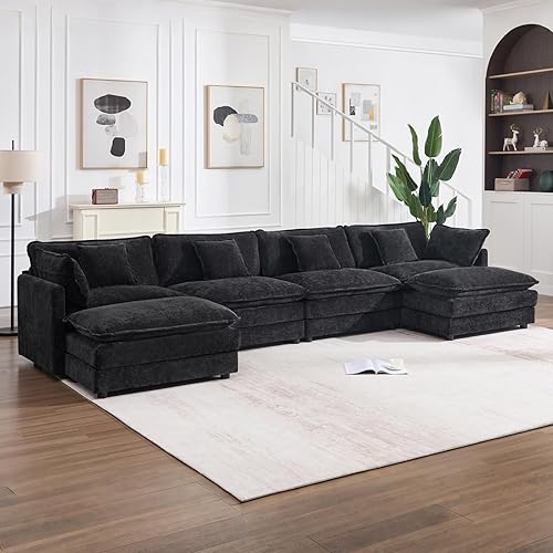 Miniatura 25 de Sofá seccional modular en forma de U, sofá esquinero de chenilla de gran tamaño, cómodo sofá nube con otomana chaise, sofás seccionales modernos de