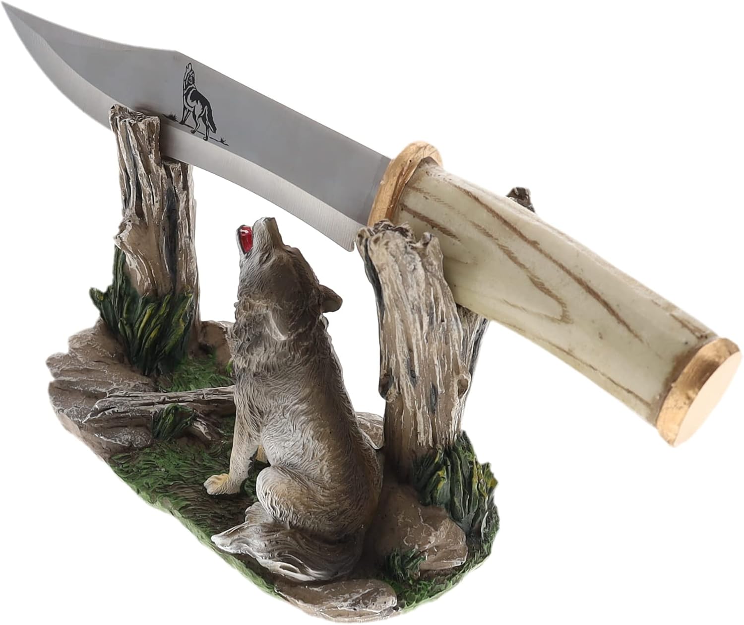 Deleon Collections Decorative White Wolf Knife - Majestic Howing Wolf Display Stand - Rustic Lodge Decor