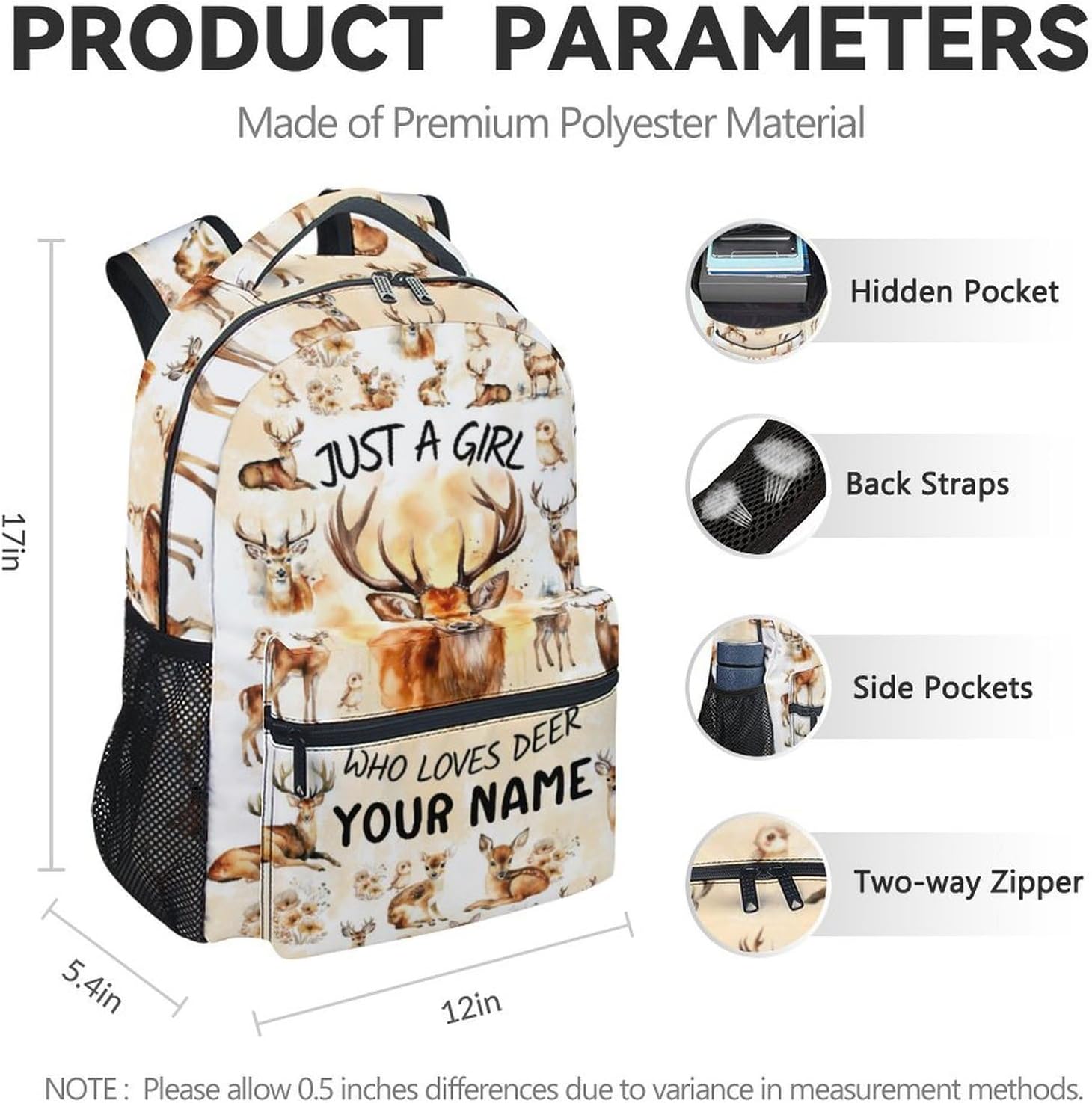 Personalized School Backpack for Girls - 17 Inch Kids Backpack with Giraffe Patterns - Fashion Lightweight Bookbag