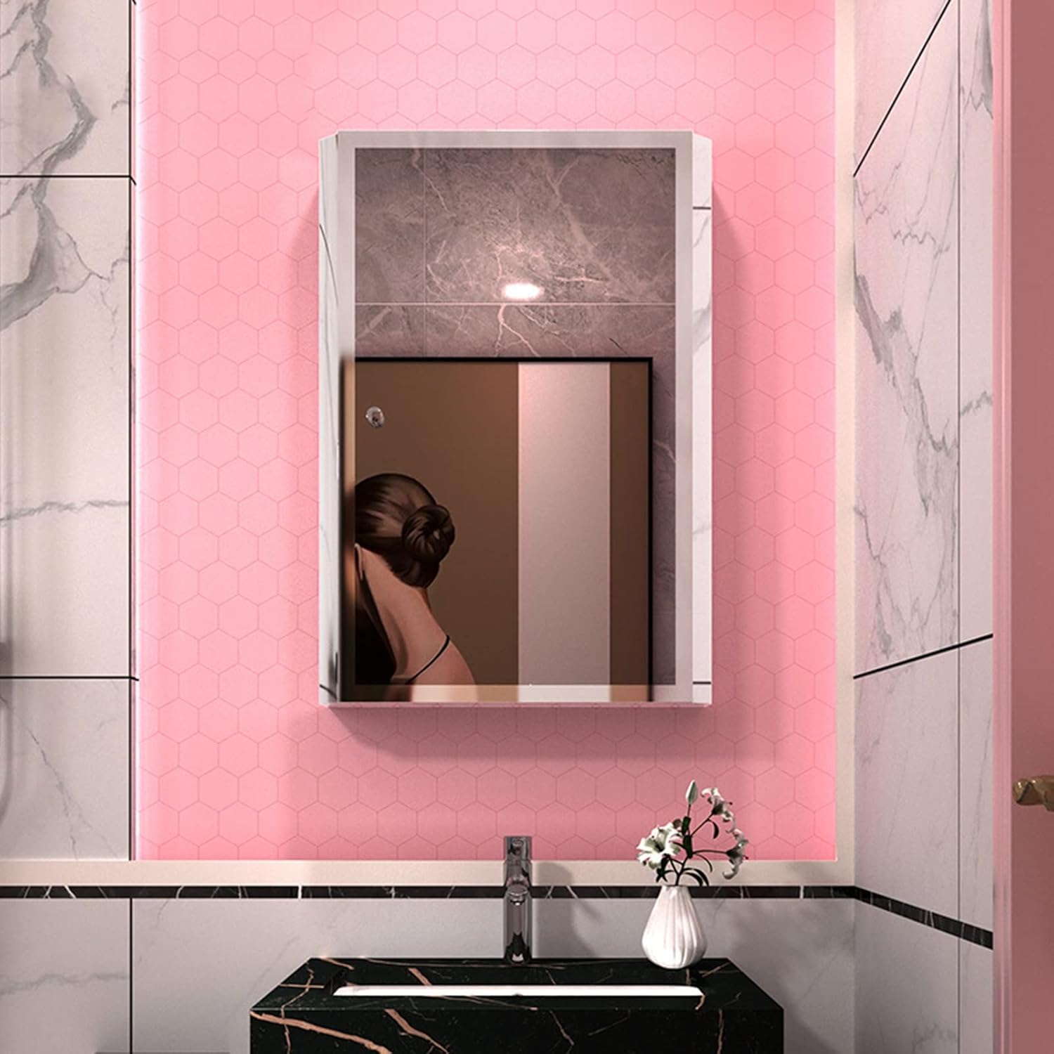 Bathroom cabinets Mirror Cabinet Rectangle Wall Mounted Vanity Mirror Stainless Steel Bathroom Mirror Cabinet Hanging Wall-Style Bathroom Punching Wash Storage Contain