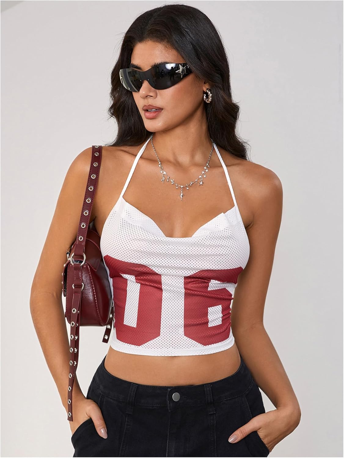 MakeMeChic Women's Y2k Jersey Shirts Letter Print Top Halter Top Draped Tie Backless Lace Up Tank Crop Tops - Image 3