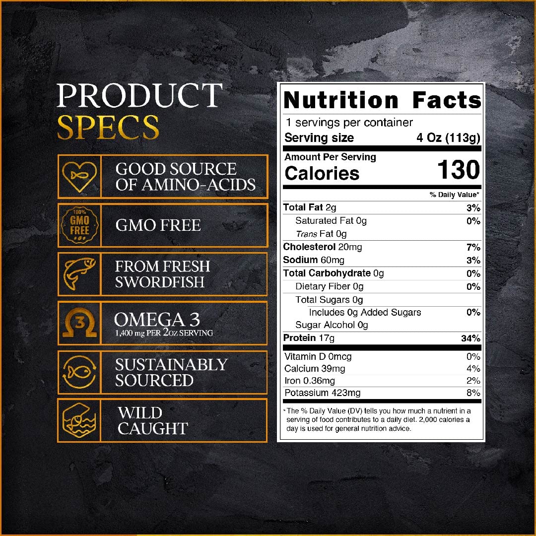 Sword Fish Steaks - 3 x 6 Oz. (1.13 Lb.) - High in Protein and Essential Aminoacids - Wild Caught from the Pacific - 100% Natural, Vacuum Packed, Ready to Cook