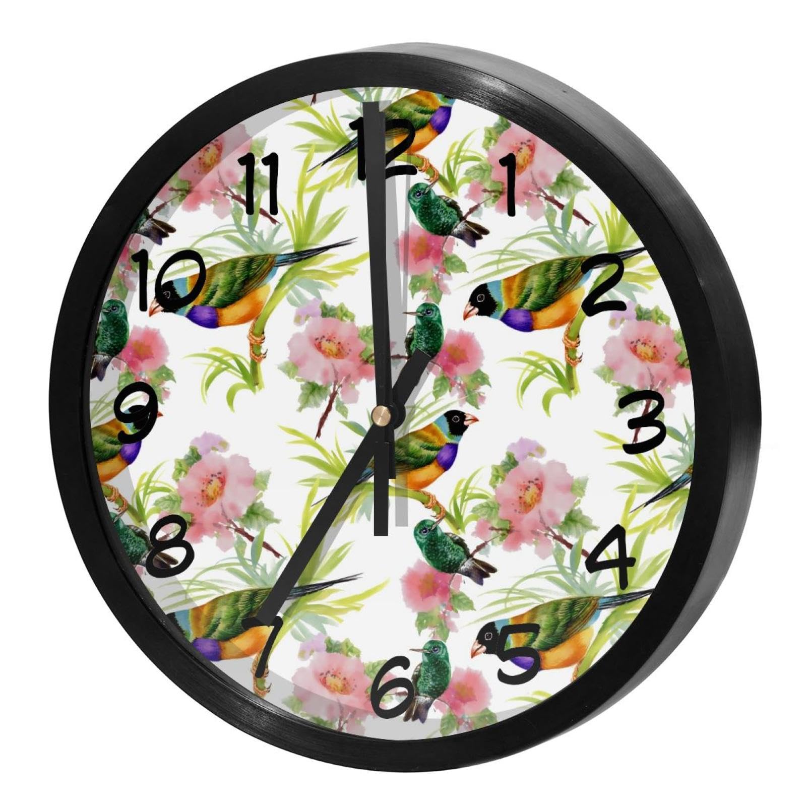 Horloge murale silencieuse à quartz ronde motif oiseaux tropicaux pour la cuisine