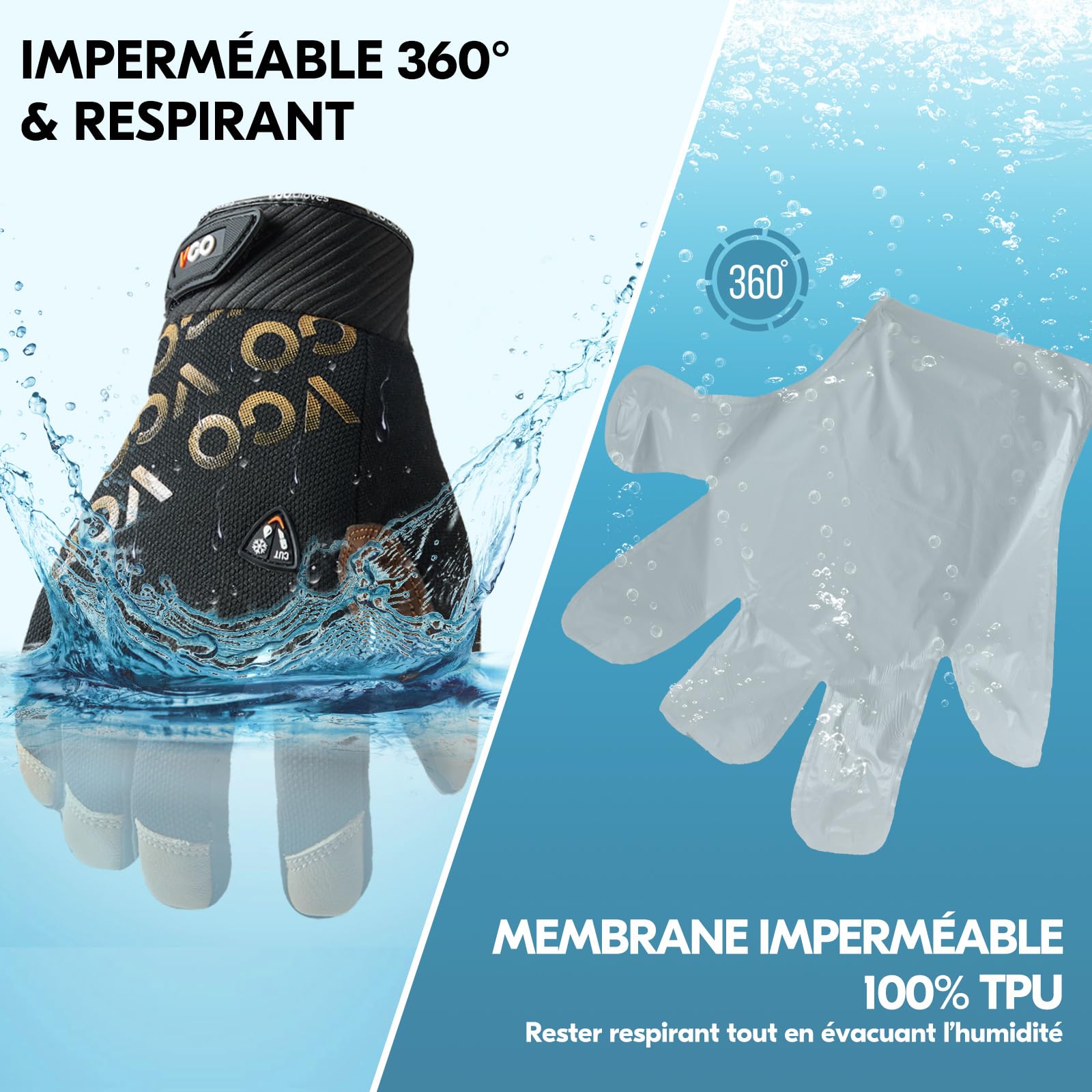 Vgo... Gants de travail d'hiver imperméables, gants en cuir à écran tactile thermique pour l'assemblage de congélateurs et de réfrigérateurs multifonctions, 1 paire