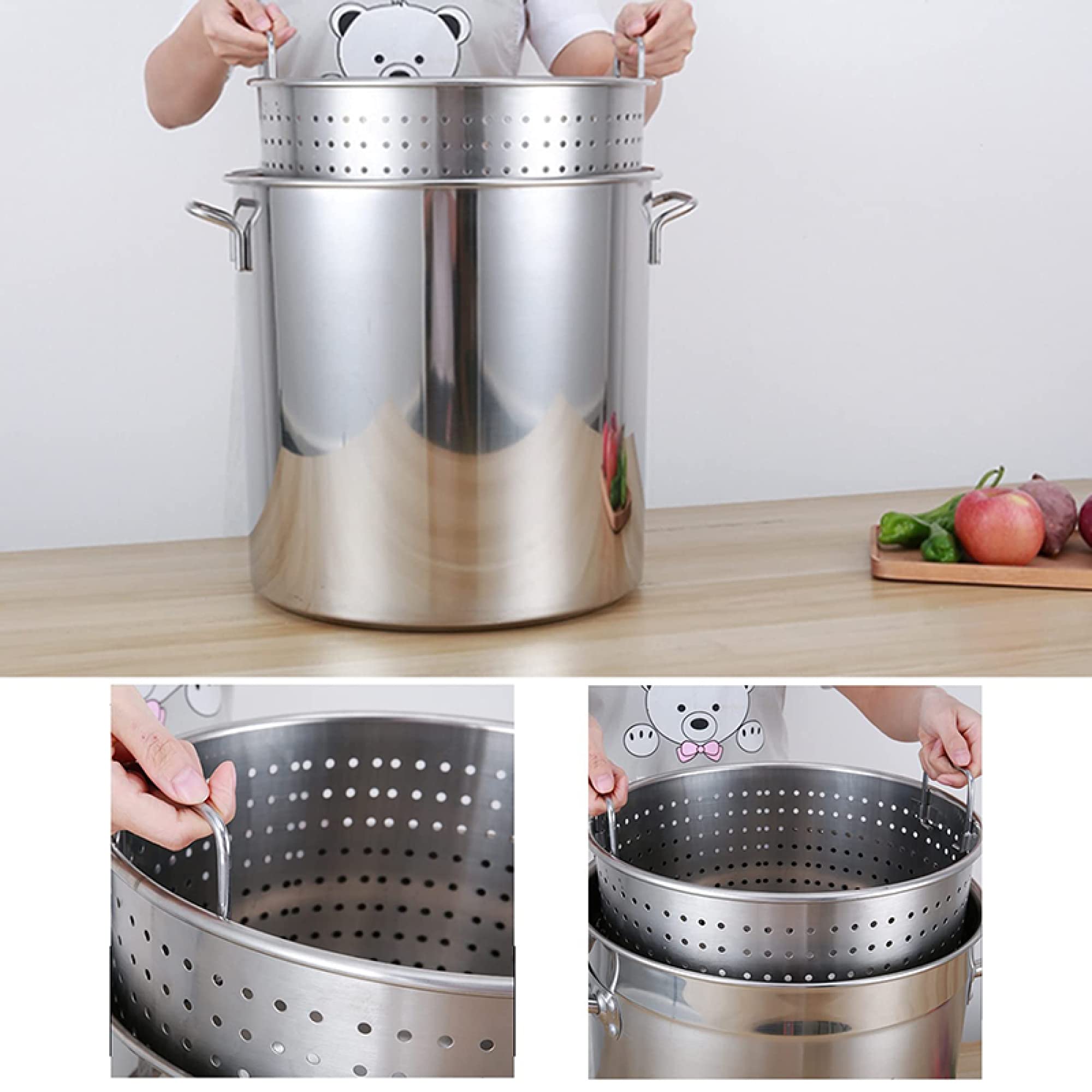 Marmite Robuste en Acier Inoxydable 27/45/63 pintes - Friteuse Professionnelle pour Dinde et Grande marmite à écrevisses avec passoire pour la Cuisine à la Maison et en extérieur - Argent