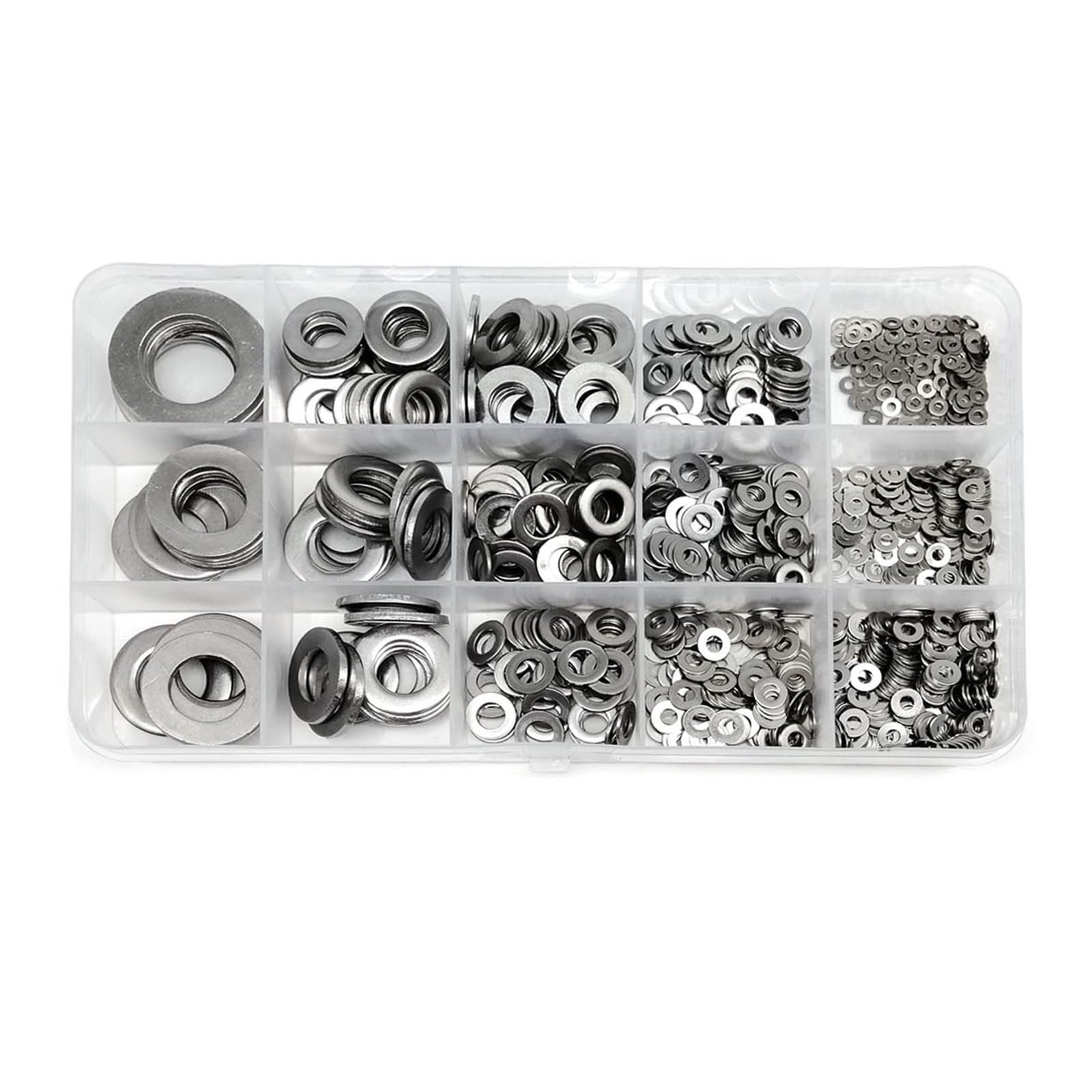 Assortiment de rondelles plates 1 boîte de mélange M1.6 M2 .5 M3 M4 M5 M6 M8 M10 M12M16 Kit d'assortiment de rondelles plates en acier inoxydable (1035 pièces SS304)