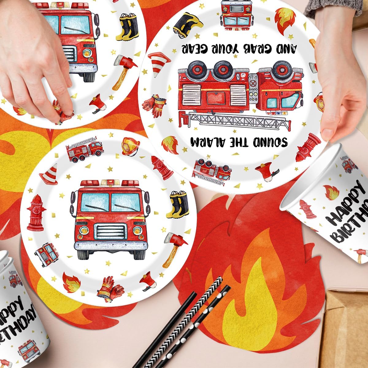219pcs Firetruck Birthday Decorations Tableware Include Fire Truck Plates and Napkins Set, Cups, Banner, Hanging, Tablecloth, Cake Topper, Cupcake Topper for Firefighter Party Decorations Serve 24