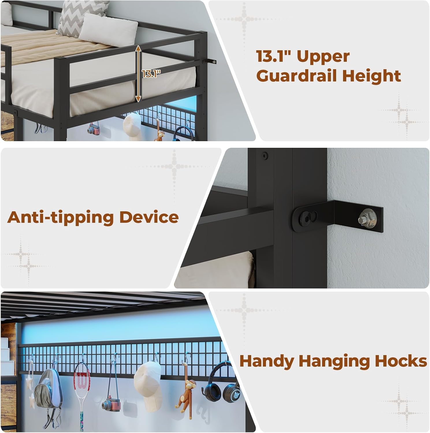 BTHFST Twin Loft Bed with Desk & 8 Storage Drawers Tall Dresser, Metal Loft Bed with LED Lights & Charging Station, 2-Tier Storage Shelves, Stable & Sturdy, Noise Free, Rustic Brown and Black