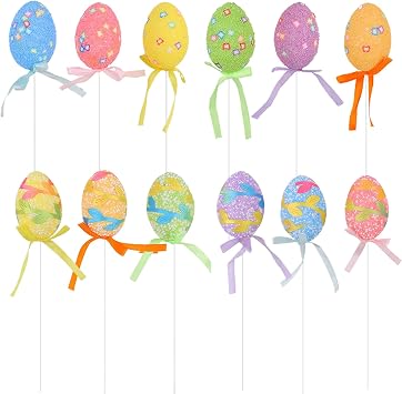 BestAlice 12 PCS Foam Easter Egg Picks, Multi Style & Variety, 21cm x 4cm 6cm, Egg Shaped, Indoor & Outdoor, ARTIFICIAL PLANT