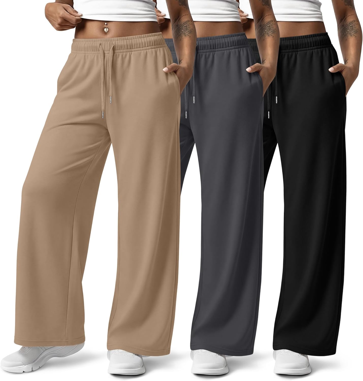 Huukeay 3 Pack Women Plus Size Pants, Straight Wide Leg Lounge Pants Elastic Fall Drawstring Casual Loose Trouser with Pocket