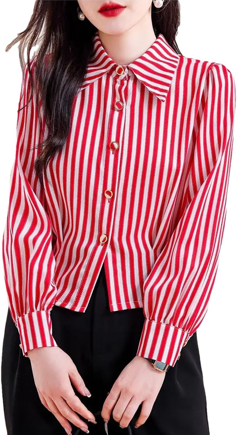Women Striped Long Sleeve Button Down Shirts Fashion Vintage Loose Korean Style Shirt Chiffon Blouses
