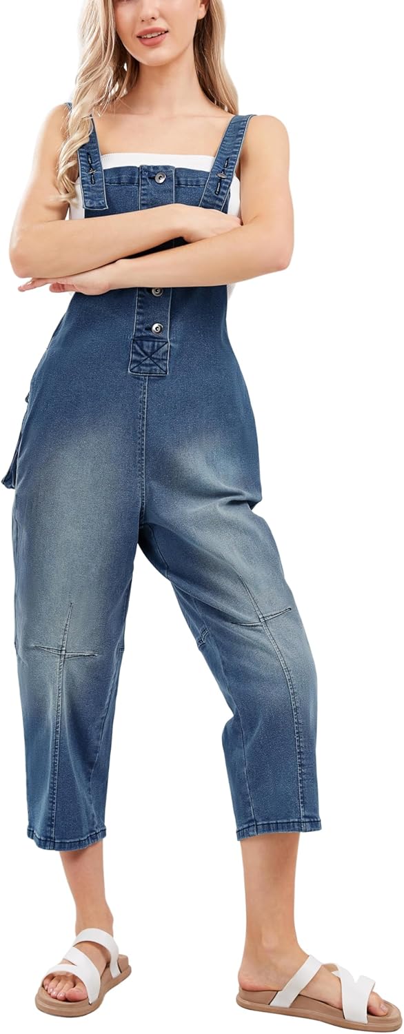 CHARTOU Women's Casual Loose Fit Jean Jumpsuit Overalls Crop Harem Denim Pants - Image 4