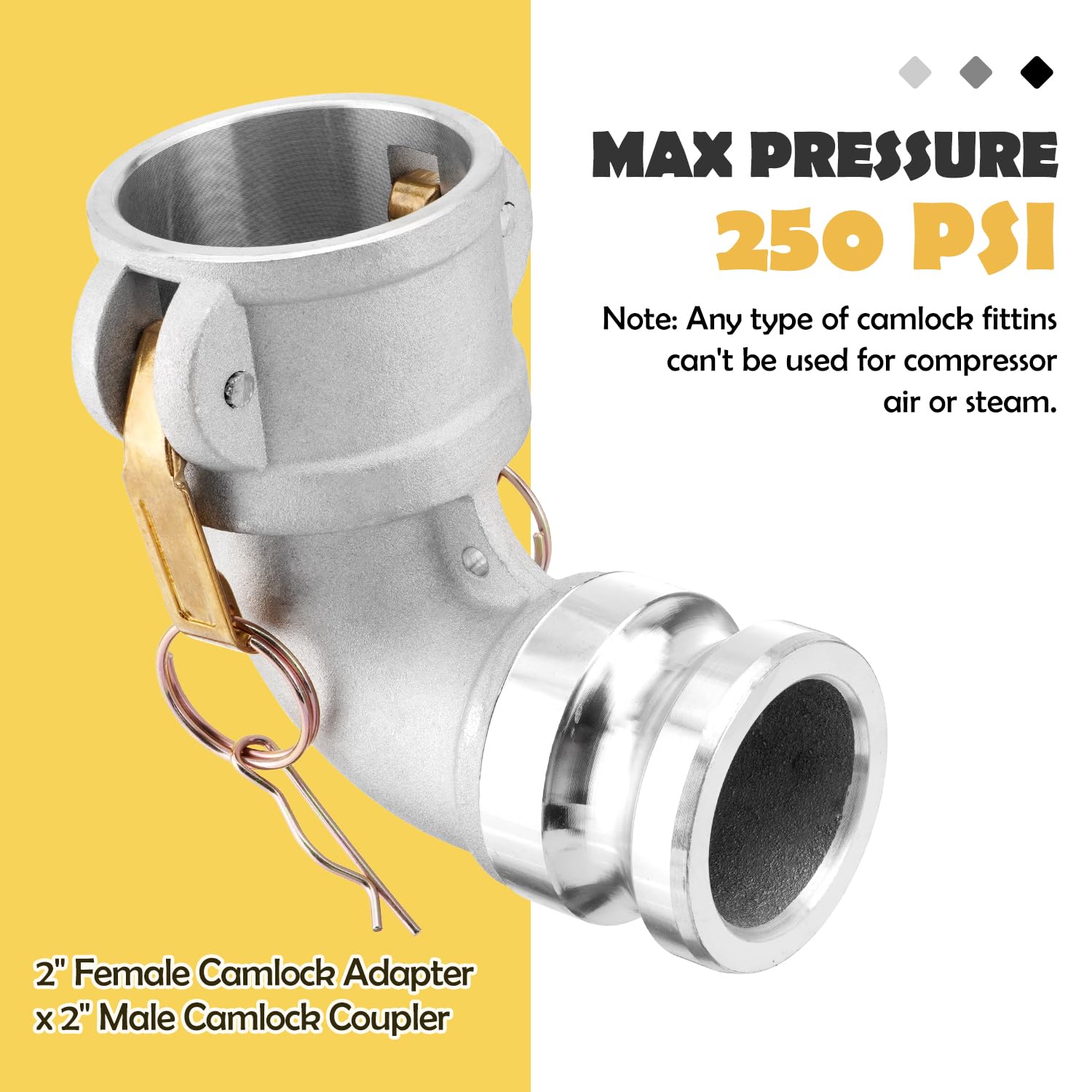Acoplamiento de manguera de leva y ranura tipo DA, codo de 90 grados, Camlock hembra de 2 pulgadas x Camlock macho de 2 pulgadas, 250 PSI, material de aluminio, DA2020