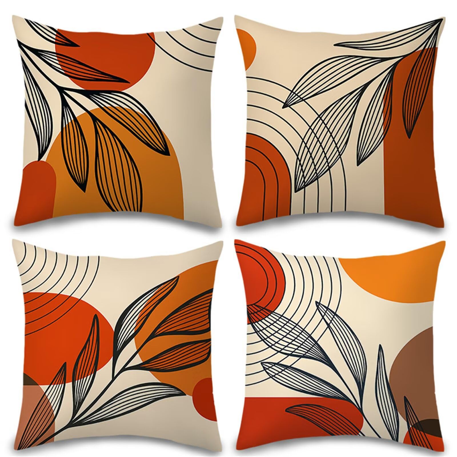 QiHon Cushion Covers 55x55 cm Set of 4 Simple Black Leaves Linen Square Pillow Cases 22x22 inch Modern Decorative Throw Pillow Covers for Sofa Couch Bedroom Home Office with Invisible Zipper